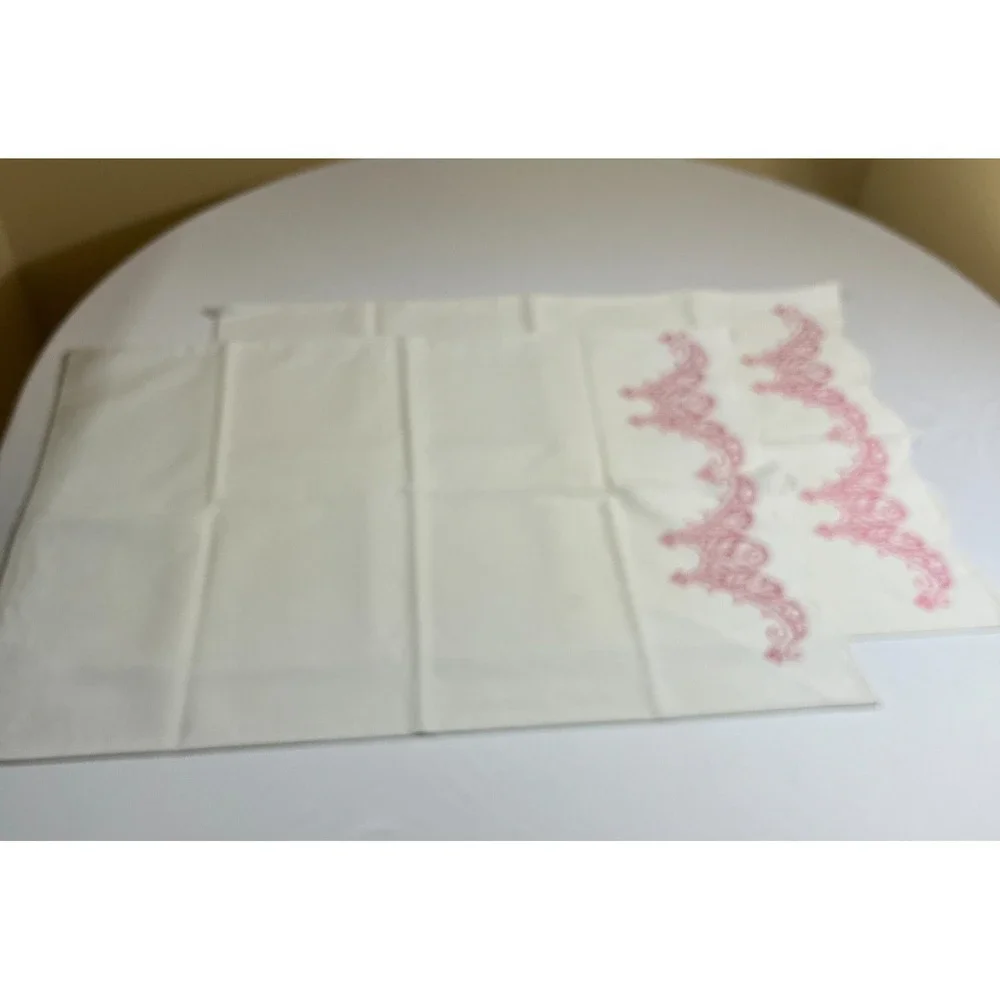 Vintage Cross Stitch Pillowcases White Cotton Pink Scalloped Edge Cottagecore 2p